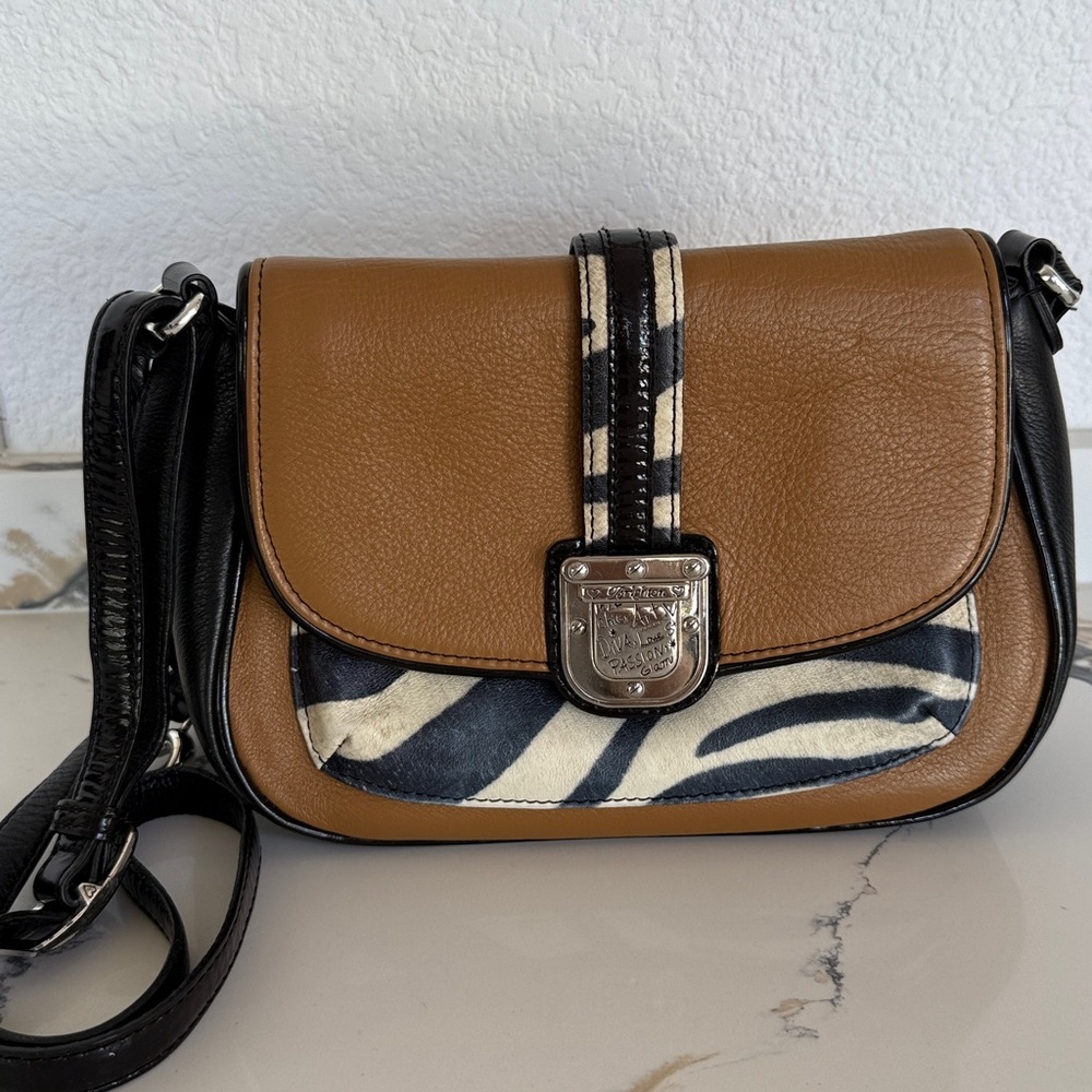 BRIGHTON TAN LEATHER ZEBRA PRINT DIVA LOVE PASSION GLAM CROSSBODY BAG - Picture 2 of 12